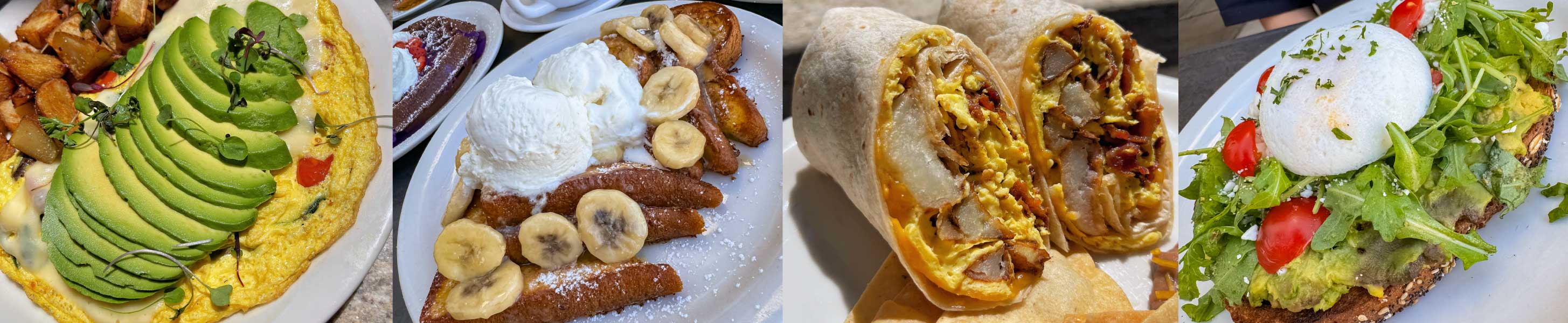 Avocado Omelette, French Toast, Breakfast Egg Burrito, Avocado Spinach Tomato Eggs Benedict
