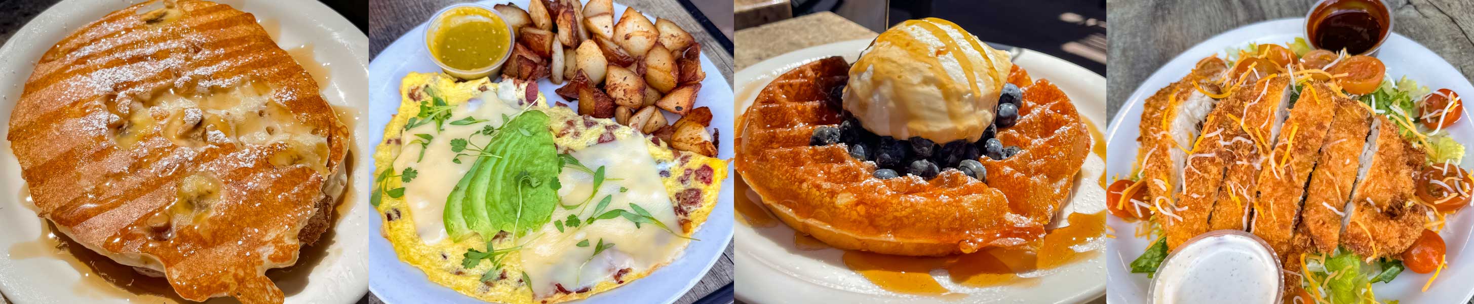 Banana Pancakes, Avocado Omelette, Waffles, Chicken Katsu