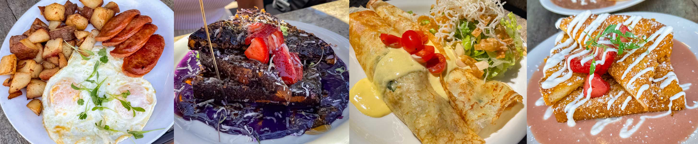 Two Eggs Protein Breakfast, Ube Coconut Waffles, Garden Stuffed Crepes with House Side Salad, Guava Toffee French Toast