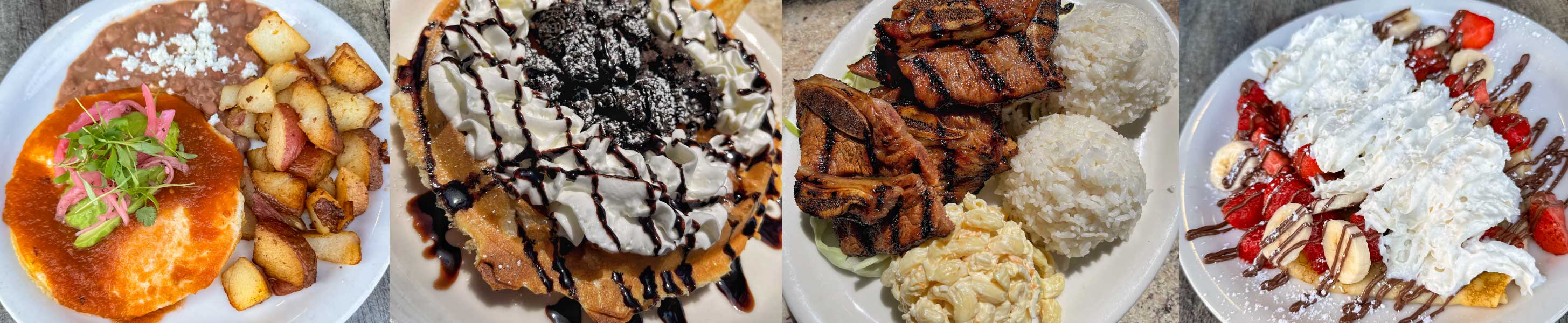 Huevos Rancheros, Oreo Cookie N Cream, Kalbi Rib Aloha Plate, Strawberry N Cream Crepes