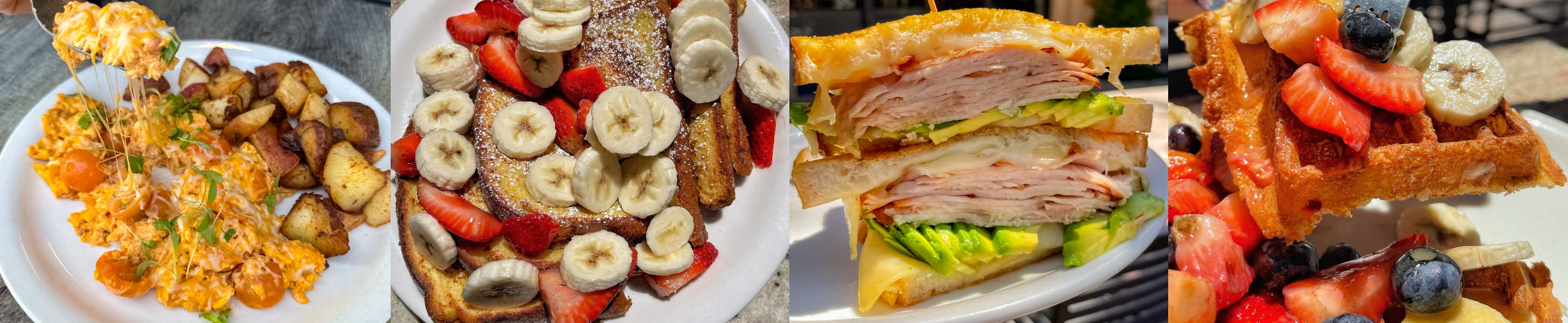 Chorizo Scrambler, Strawberry Banana French Toast, Turkey Avocado Melt Sandwich, Trio Waffle